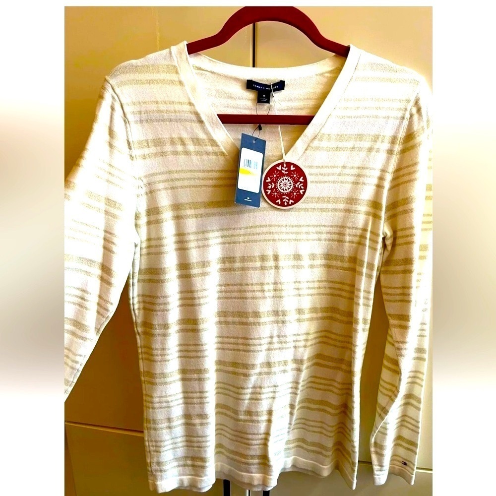 Tommy Hilfiger Womens Sweater Size M Off White With Lurex V-Neck Long Sleeve